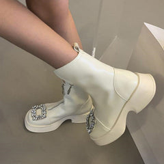 Thick-Soled Zipper Rhinestone Martin Boots Oshnow