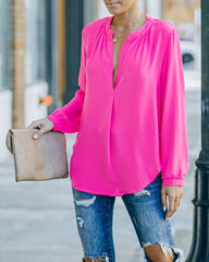 To The Fullest Split Neck Blouse - Hot Pink Oshnow