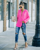 To The Fullest Split Neck Blouse - Hot Pink Oshnow