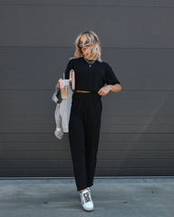 Tristan Knit Pocketed High Rise Pants - Black Oshnow