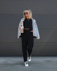 Tristan Knit Pocketed High Rise Pants - Black Oshnow