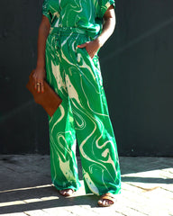 Tropical Paradise Satin Printed Pocketed Pants - Green Oshnow