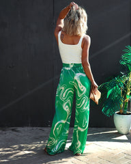 Tropical Paradise Satin Printed Pocketed Pants - Green Oshnow