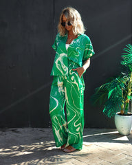 Tropical Paradise Satin Printed Pocketed Pants - Green Oshnow