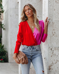 Two Sides Satin Drape Bodysuit - Red Fuchsia Oshnow