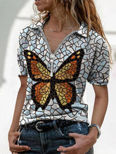 V-Neck Printed Zipper Short Sleeve T-Shirt Oshnow