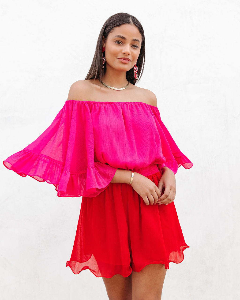 Valentina Colorblock Off The Shoulder Romper Oshnow