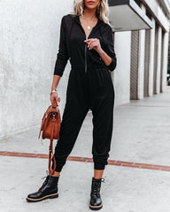 Vander Pocketed Hooded Knit Jumpsuit - Black Oshnow