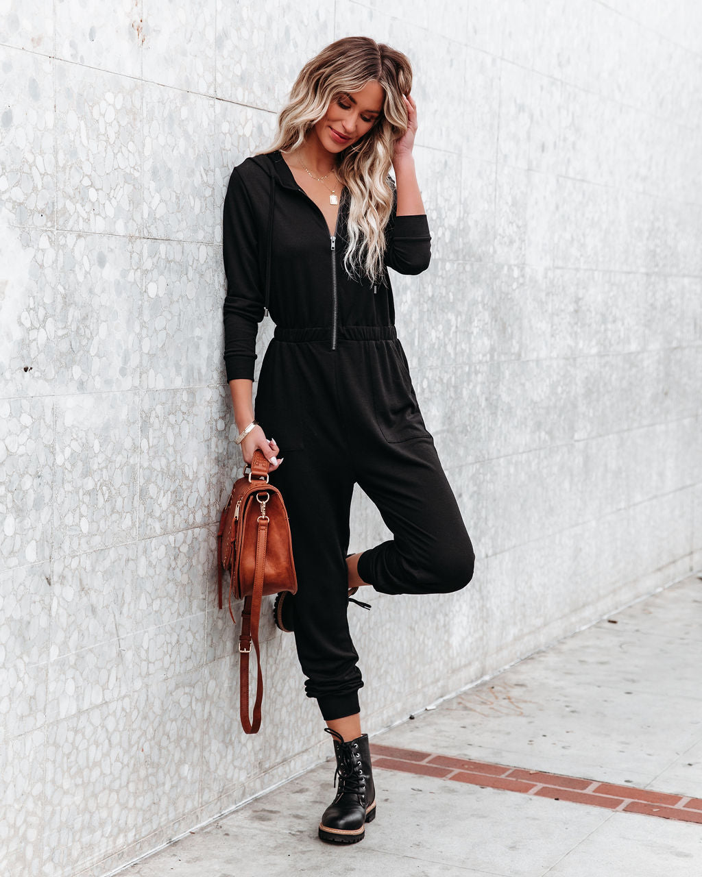 Vander Pocketed Hooded Knit Jumpsuit - Black Oshnow