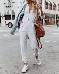 Vander Pocketed Hooded Knit Jumpsuit - Light Grey Oshnow