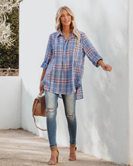 Vindy Cotton Blend Pocketed Plaid Henley Top - Blue Oshnow