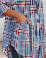 Vindy Cotton Blend Pocketed Plaid Henley Top - Blue Oshnow