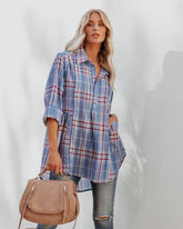 Vindy Cotton Blend Pocketed Plaid Henley Top - Blue Oshnow