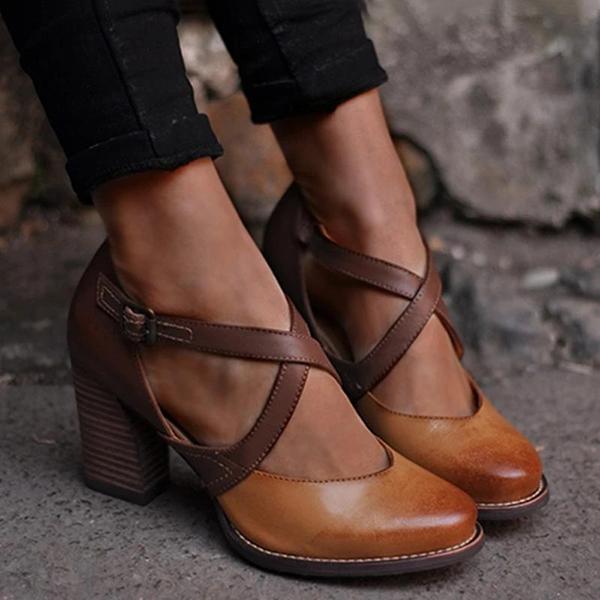 Women vintage color block sandals casual chunky heel buckle shoes deals