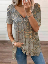 Vintage Printed Casual V-neck Zipper T-shirts Oshnow