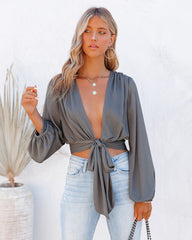 Vittoria Tie Front Crop Blouse - Medium Grey Oshnow