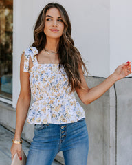 Vorna Floral Smocked Peplum Tie Top - Yellow Multi Oshnow