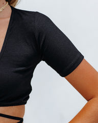 Wander Often Ribbed Knit Wrap Crop Top - Black Oshnow