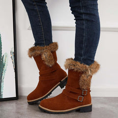 Warm Fur Mid Calf Snow Boots Block Heel Furry Winter Booties Oshnow