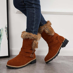 Warm Fur Mid Calf Snow Boots Block Heel Furry Winter Booties Oshnow