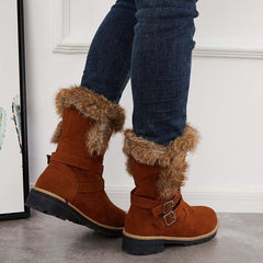 Warm Fur Mid Calf Snow Boots Block Heel Furry Winter Booties Oshnow