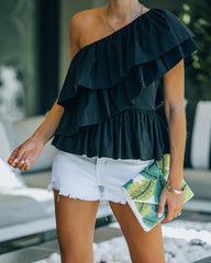 Wayne One Shoulder Ruffle Top - Black Oshnow