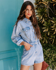 We Can Do It Pocketed Denim Romper - Denim Oshnow