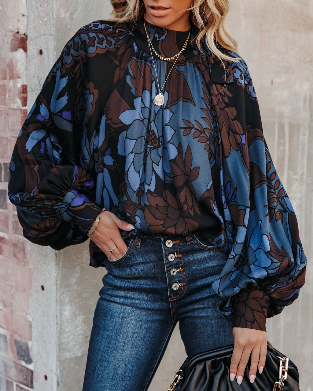 Weatherly Printed Statement Sleeve Blouse Oshnow