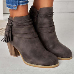 Western Tassel Chunky Block Heel Ankle Boots Side Zipper Booties Oshnow