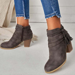 Western Tassel Chunky Block Heel Ankle Boots Side Zipper Booties Oshnow