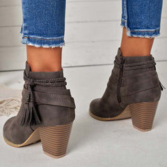 Western Tassel Chunky Block Heel Ankle Boots Side Zipper Booties Oshnow