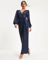 Whole New World Sequin Front Tie Jumpsuit - Navy - SALE Oshnow