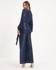 Whole New World Sequin Front Tie Jumpsuit - Navy - SALE Oshnow