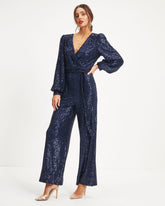 Whole New World Sequin Front Tie Jumpsuit - Navy - SALE Oshnow