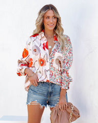 Wilhelmina Satin Mix Print Button Down Blouse Oshnow