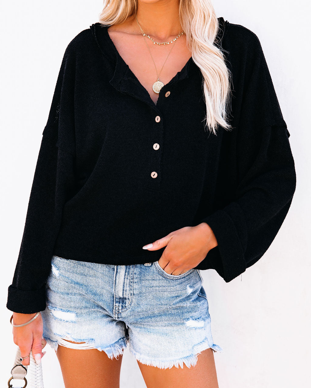 Windswept Relaxed Knit Henley Top - Black Oshnow