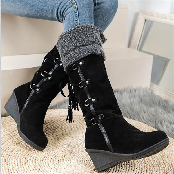 Winter Lace Up Fur Warm Heeled Boots Oshnow