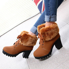 Winter Warm Fuzzy Lace-Up Block Heeled Boots Oshnow