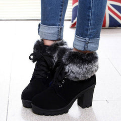 Winter Warm Fuzzy Lace-Up Block Heeled Boots Oshnow