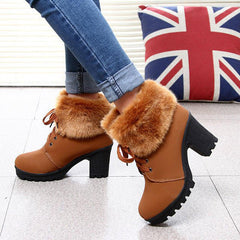 Winter Warm Fuzzy Lace-Up Block Heeled Boots Oshnow