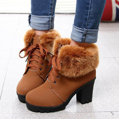 Winter Warm Fuzzy Lace-Up Block Heeled Boots Oshnow