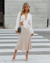 Wishful Satin Slit Midi Skirt - Taupe Oshnow