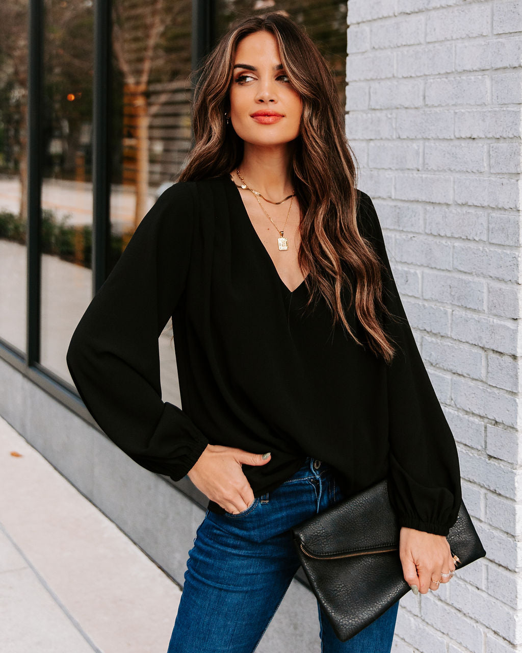 Work Life Balance V-Neck Blouse - Black Oshnow