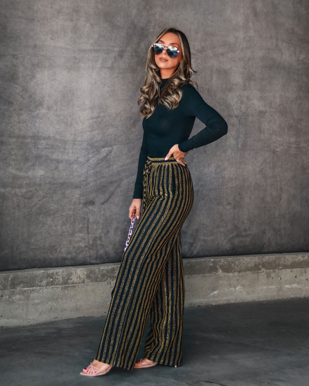Wynona Pocketed Stripe Metallic Pants - Black/Gold - SALE Oshnow