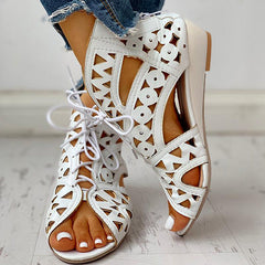 Hollow Out Lace-Up Pu Wedge Sandals