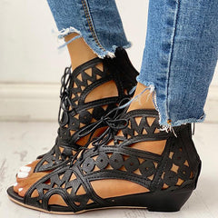Hollow Out Lace-Up Pu Wedge Sandals