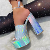 Magic Silver Laser Platform Chunky Heeled Slippers