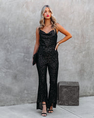 Zaida High Low Flare Sequin Jumpsuit - Black Oshnow