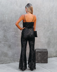 Zaida High Low Flare Sequin Jumpsuit - Black Oshnow