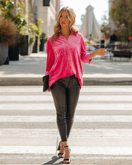 Zamora Pocketed Velvet Button Down Top - Fuchsia Oshnow